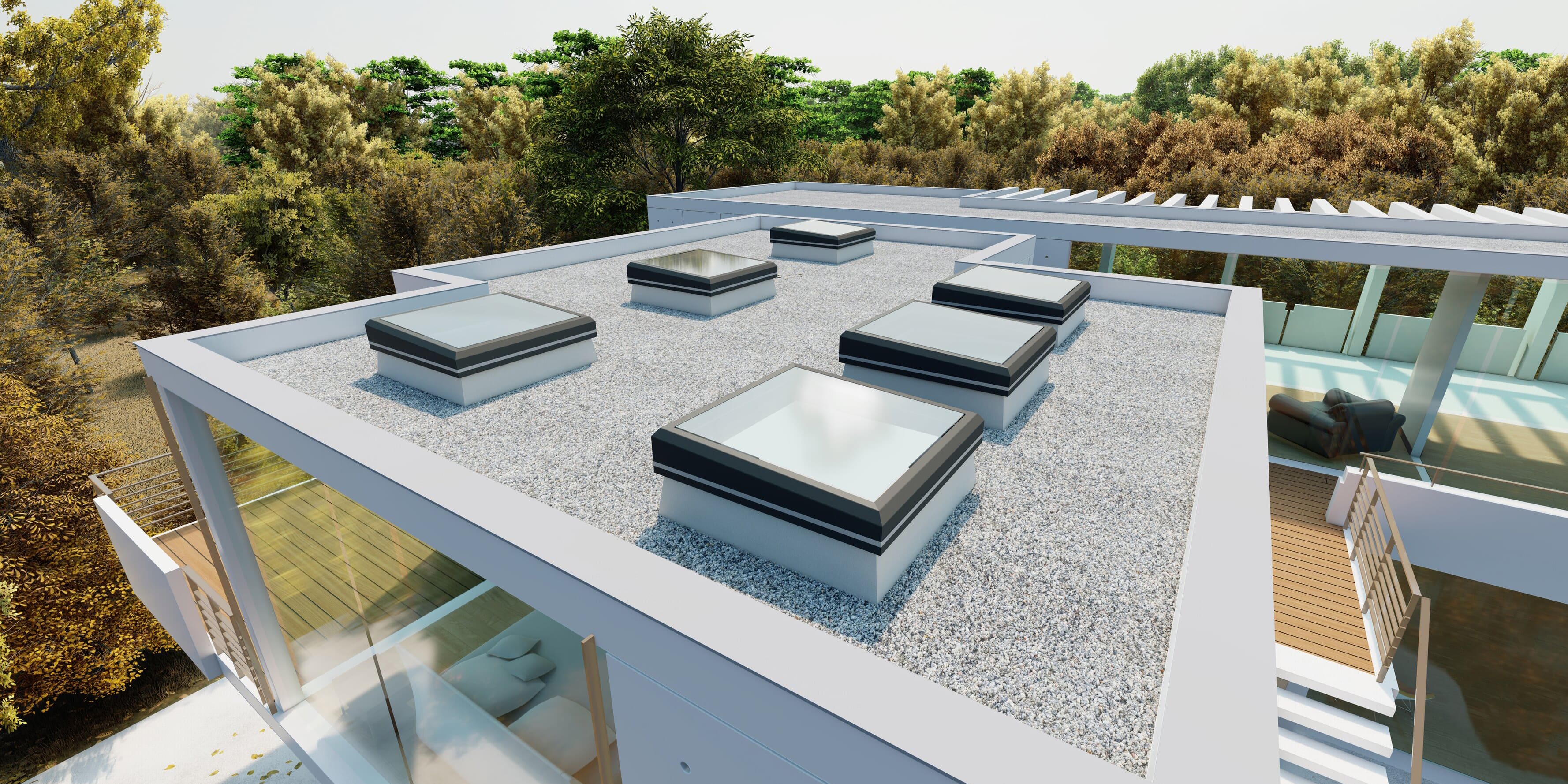 A selection of skylights and rooflights on a roof