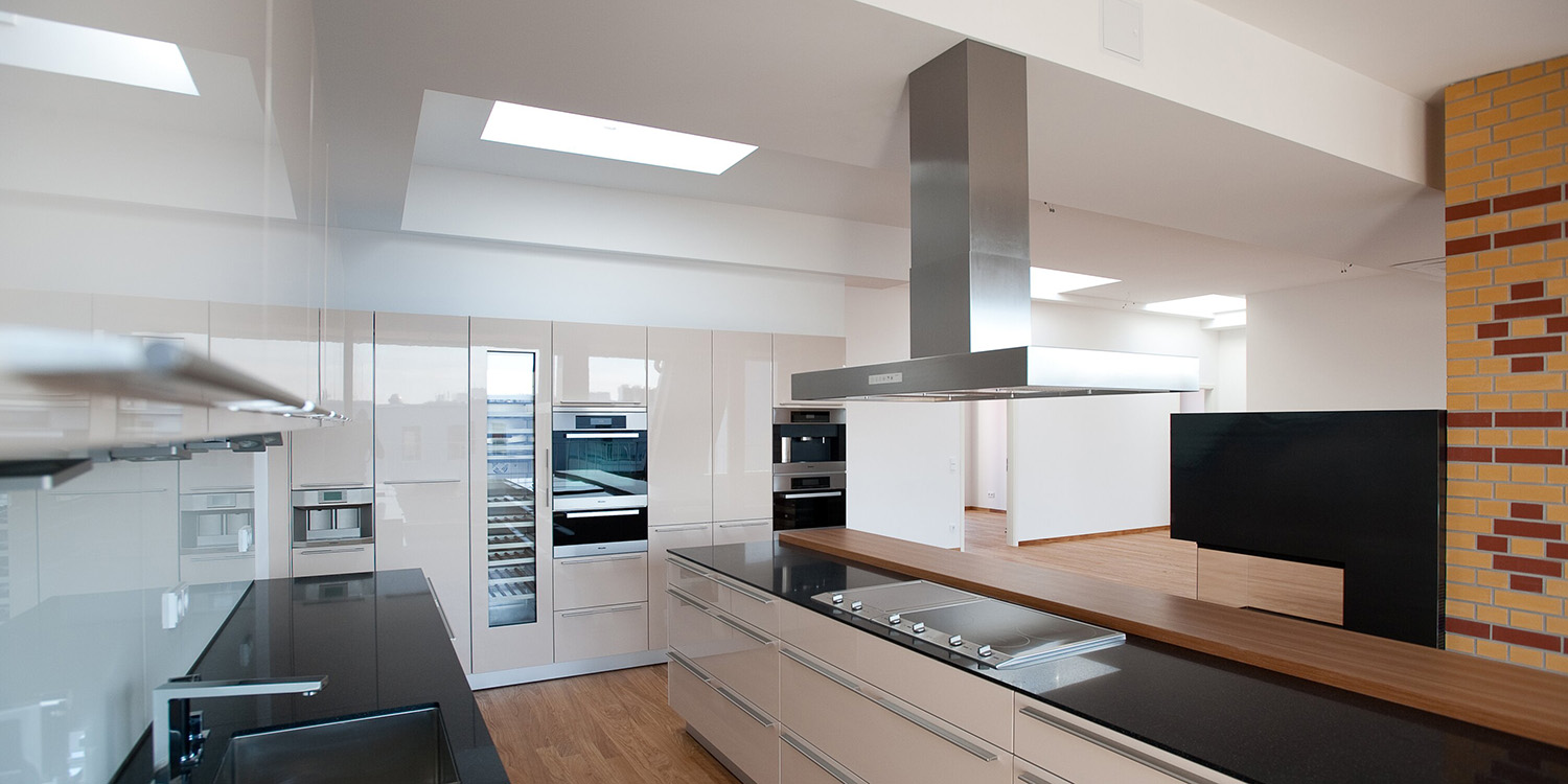 modern kitchen with skylights in roof